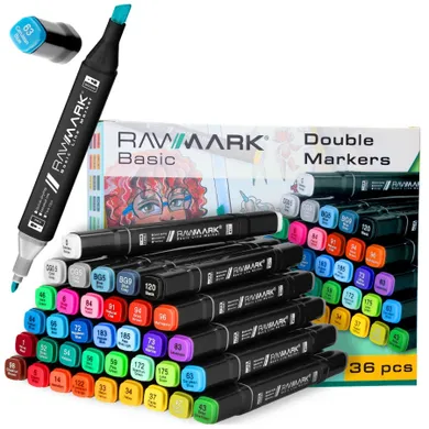 Rawmark, Basic Line, set 36 markere duble + 5 carte de colorat, cu cerneala pe baza de alcool, multicolore