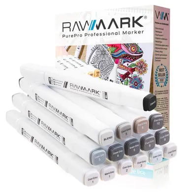 Rawmark, PurePro, set 16 markere duble, cu cerneala pe baza de alcool, nuante de gri