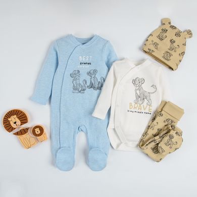 Set pentru baieti, Caciula, Body cu maneca lunga, Pijama tip salopeta, mix de culori, imprimeu Lion King