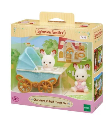 Sylvanian Families, Iepurasii gemeni cu urechiuse de cicolata, carucior, accesorii, set, 5432