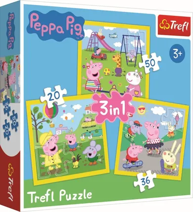 Trefl, Peppa Pig, Ziua fericita a lui Peppa, puzzle 3in1, 106 piese