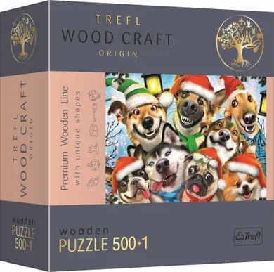 Trefl, Wood Craft, Christmas Dogs, puzzle din lemn, 500+1 piese