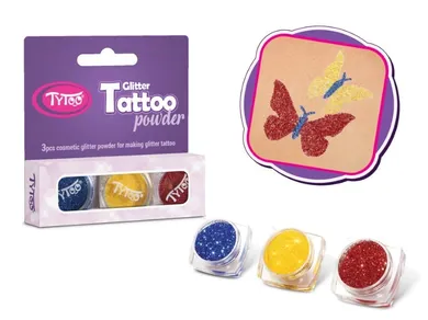 TyToo, set sclipici pulbere pentru tatuaje, galben, rosu si albastru, 3 culori