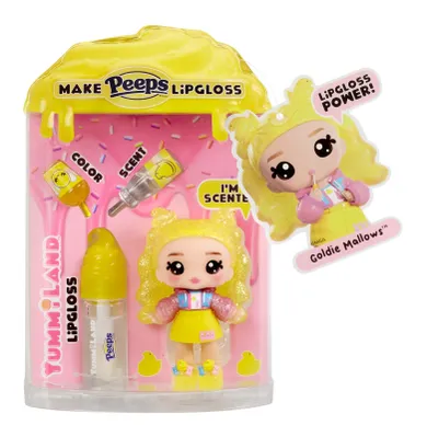 Yummiland, PEEPS, Lip Gloss Doll, Goldie Mallows, mini papusa + luciu de buze DIY