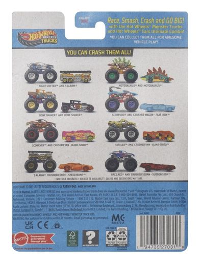 Hot Wheels, Monster Trucks, Totaled + masina Hot Wheels, scara 1:64, JCG32