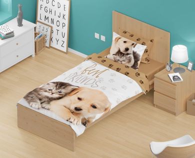 Best Friends, Caine si pisica, set lenjerie de pat single, 140-200 cm