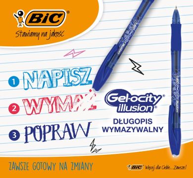 Bic, Gel-ocity Illusion, pix cu cerneala care se sterge, albastru, 1+2 buc.