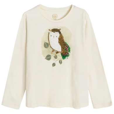Cool Club, Bluza cu maneca lunga pentru fete, ecru, imprimeu bufnita, paiete duble