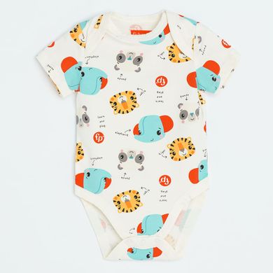Cool Club, Body cu maneca scurta pentru bebelusi, bej, galben, imprimeu Fisher-Price, set, 3 buc.