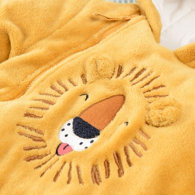 Cool Club, Pijama tip salopeta cu gluga pentru bebelusi, galben mustar, imprimeu leu