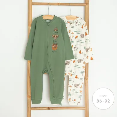 Cool Club, Pijama tip salopeta pentru baieti, ecru, verde, imprimeu Lion King, set, 2 buc.