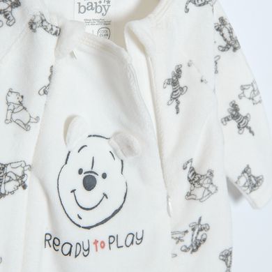 Cool Club, Pijama tip salopeta pentru bebelusi, bumbac organic, ecru, imprimeu Winnie the Pooh