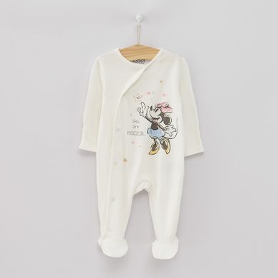 Cool Club, Pijama tip salopeta pentru fete, ecru, galben, imprimeu Minnie Mouse, set 2 buc.