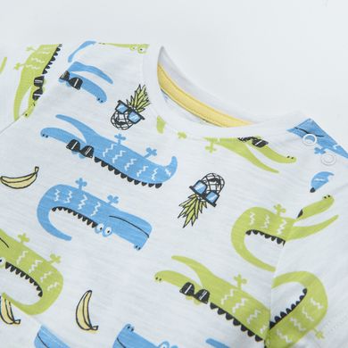 Cool Club, Salopeta Rompers pentru baieti, alb, imprimeu crocodili, ananasi, banane