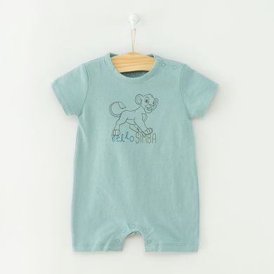 Cool Club, Salopeta Rompers pentru baieti, bumbac organic, turcoaz, gri, imprimeu Lion King, set 2 buc.