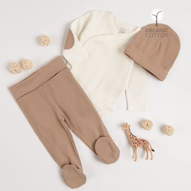 Cool Club, Set pentru baieti, Body cu maneca lunga, Pijama tip salopeta, Caciula, bumbac organic, ecru, maro