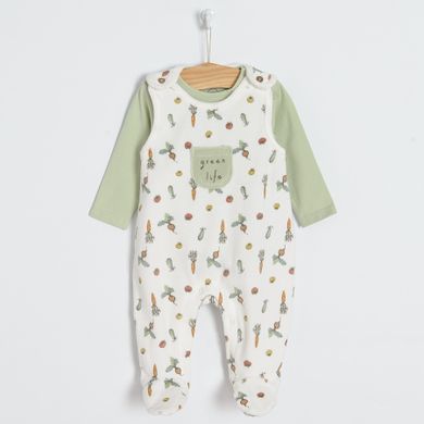Cool Club, Set pentru bebelusi, body cu maneca lunga, salopeta cu botosei, bumbac organic, verde, ecru