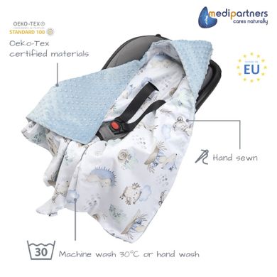 Medi Partners, Caprioare si Arici, patura cu doua fete, patura cu gluga, minky, albastru, 85-85 cm