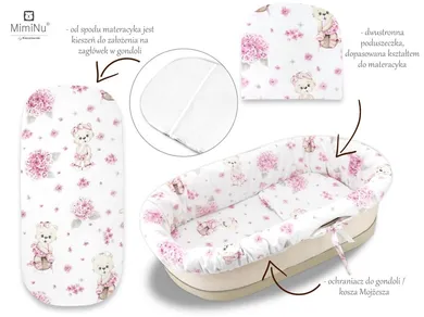 MimiNu, Balerina, set: protectie universal pentru gondola, patut, cos de Moses + saltea 35-75 cm + perna 33-32 cm, roz