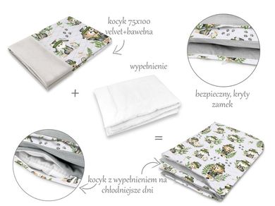 MimiNu, Detectiv Natural, patura cu umplutura, 2in1, cu fermoar, velvet, gri, 75-100 cm
