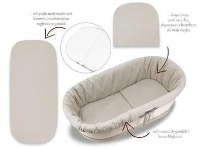 MimiNu, Royal, set: protectie universal pentru gondola, patut, cos de Moses + saltea + perna, bej