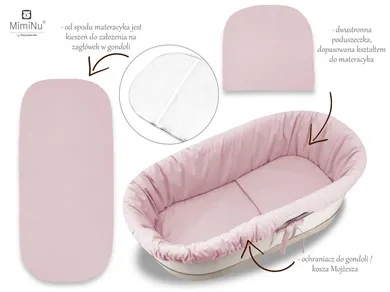 MimiNu, Royal, set: protectie universal pentru gondola, patut, cos de Moses + saltea 35-75 cm + perna 33-32 cm, roz
