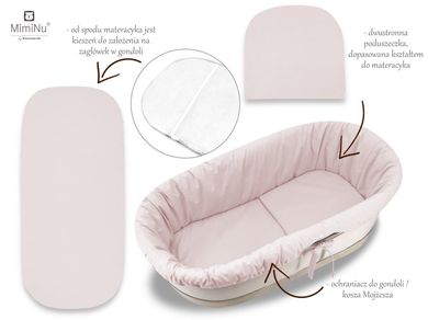 MimiNu, set: protectie universal pentru gondola, patut, cos de Moses + saltea 35-75 cm + perna 33-32 cm, bej, roz