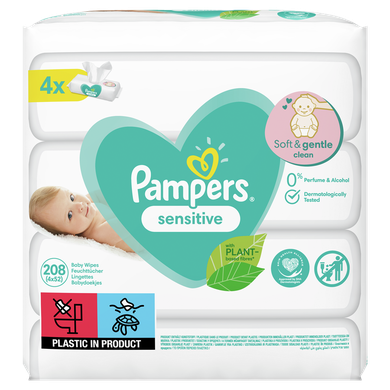 Pampers Sensitive, servetele umede, 4 pachete de 52 servetele, 208 buc.