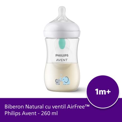 Philips Avent, Natural, Response, biberon cu ventil Air Free, 260 ml, 1 luni+, elefant, SCY673/81