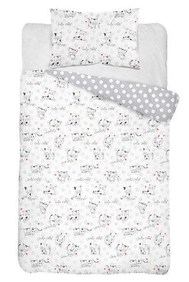 Pisicute, set lenjerie de pat si aparatori patut, 3 piese, gri, 90-120 cm