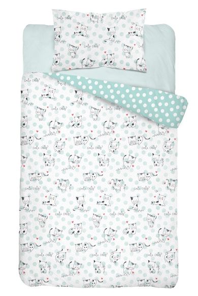 Pisicute, set lenjerie de pat si aparatori patut, 3 piese, menta verde, 90-120 cm