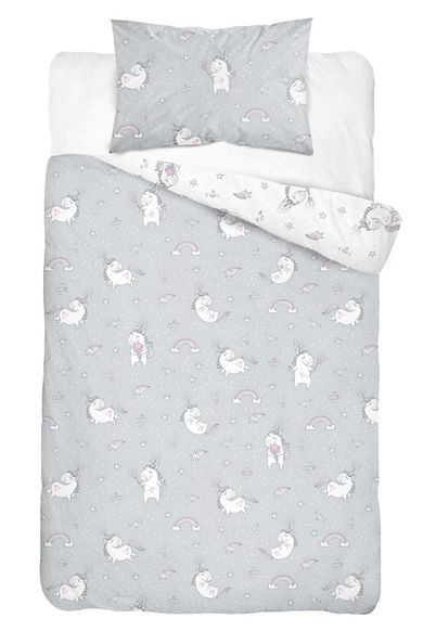 Unicorni, set lenjerie de pat si aparatori patut, 3 piese, gri, 90-120 cm