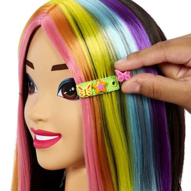 Barbie, Cap Stilist Curcubeu Neon + Color Reveal accesorii, set de joaca