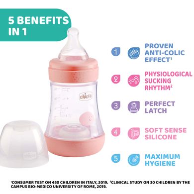 Chicco, Perfect5, biberon anti-colic, tetina din silicon, debit lent, roz, 0 luni+, 150 ml