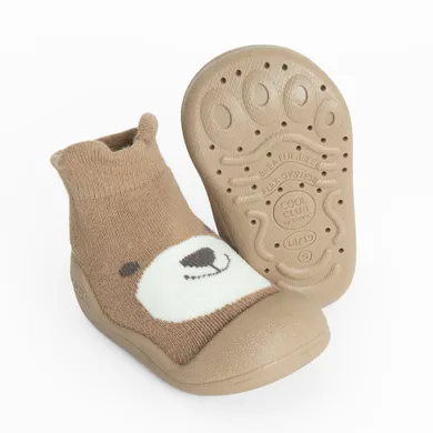 Cool Club, Papuci de casa tip soseta pentru baieti, maro, talpa Barefoot