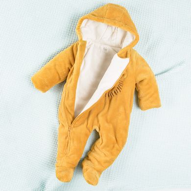 Cool Club, Pijama tip salopeta cu gluga pentru bebelusi, galben mustar, imprimeu leu