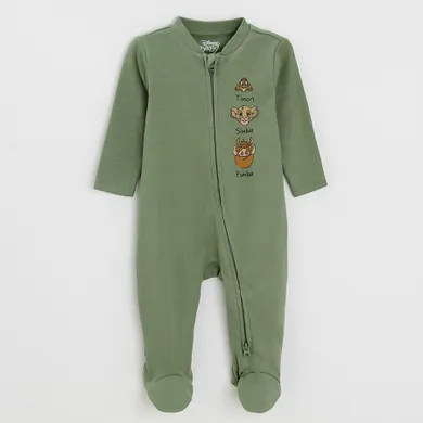 Cool Club, Pijama tip salopeta pentru baieti, ecru, verde, imprimeu Lion King, set, 2 buc.