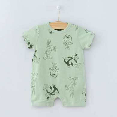 Cool Club, Salopeta Rompers pentru baieti, bumbac organic, albastru, verde, imprimeu Looney Tunes, set 2 buc.
