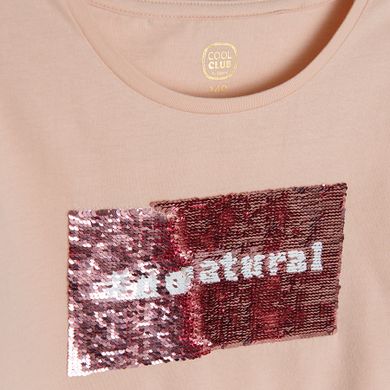 Cool Club, Tricou pentru fete, bej, paiete duble, imprimeu No filter, All natural