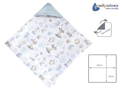Medi Partners, Caprioare si Arici, patura cu doua fete, patura cu gluga, minky, albastru, 85-85 cm