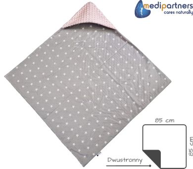 Medi Partners, Stars, patura cu doua fete cu gluga, gri, roz deschis, 85-85 cm