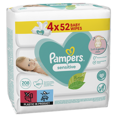 Pampers Sensitive, servetele umede, 4 pachete de 52 servetele, 208 buc.