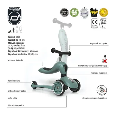 Scoot & Ride, Highwaykick 1, vehicul fara pedale si trotineta 2 in 1, Forest