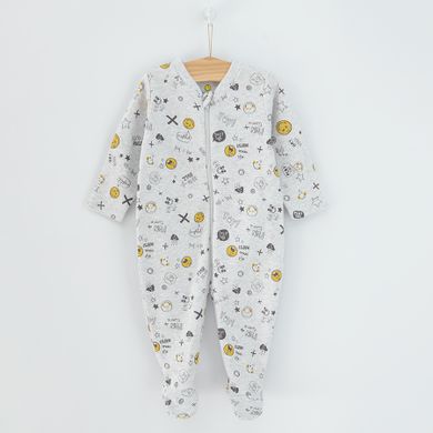 Cool Club, Pijama tip salopeta pentru baieti, bumbac organic, galben, gri, imprimeu Smiley World, set 2 buc.
