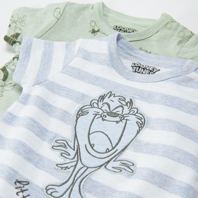 Cool Club, Salopeta Rompers pentru baieti, bumbac organic, albastru, verde, imprimeu Looney Tunes, set 2 buc.