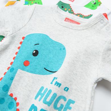 Cool Club, Salopeta Rompers pentru baieti, bumbac organic, mix de culori, imprimeu dinozauri, Fisher-Price, set 2 buc.