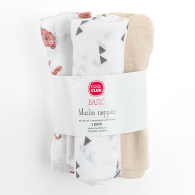Cool Club, Scutece din tetra pentru baieti, ecru, imprimeu animalute, 70-70 cm, set 3 buc.