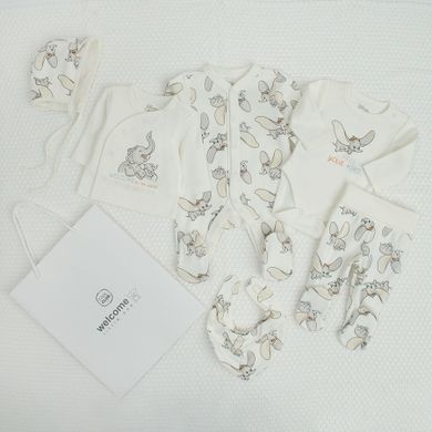 Cool Club, Set pentru bebelusi, Caciula, Esarfa, Pijama tip salopeta, Body cu maneca lunga, Bluza cu capse, Pantaloni cu botosei, ecru, imprimeu Dumbo