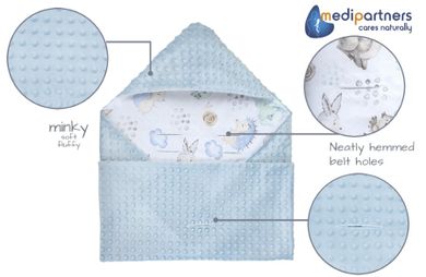 Medi Partners, Caprioare si Arici, patura cu doua fete, patura cu gluga, minky, albastru, 85-85 cm