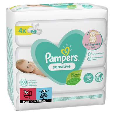Pampers Sensitive, servetele umede, 4 pachete de 52 servetele, 208 buc.